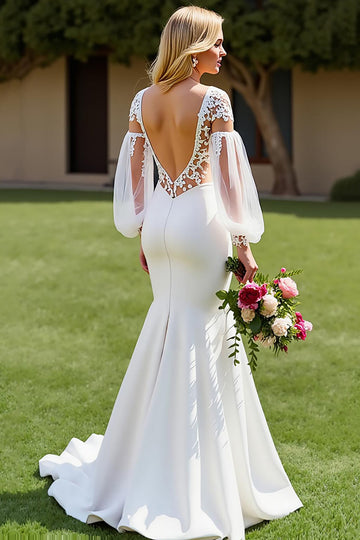 Ivory V-Neck Appliqued Mermaid Wedding Dress